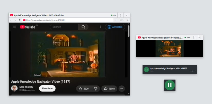 The same YouTube video in four forms, from full page to play button
